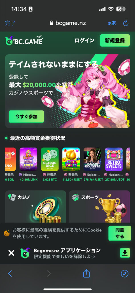 ビーシーゲームの登録画面