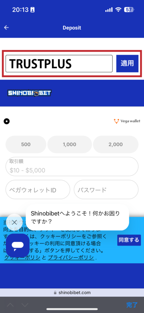 シノビベットの登録画面