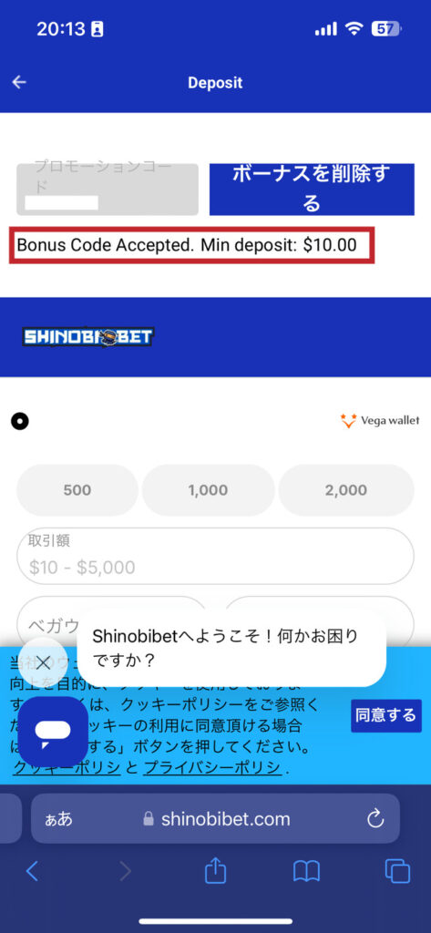 シノビベットの登録画面